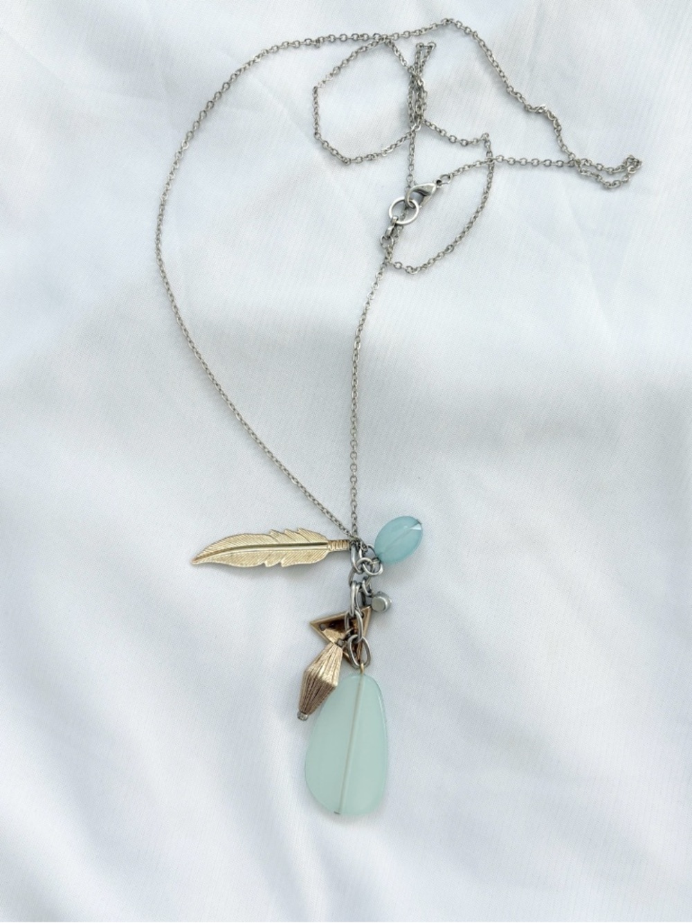 Long turquoise sea glass charm gold tone statement necklace 30”